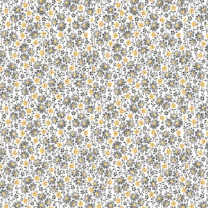 May include: A repeating floral pattern featuring small gray and yellow flowers on a white background. The flowers have gray petals and yellow centers, with thin stems and small leaves. The design is dense and covers the entire surface.