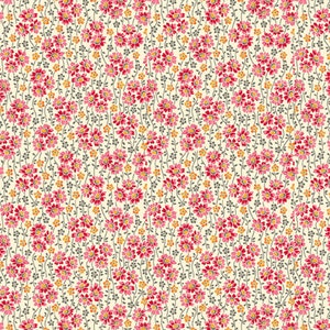 May include: A seamless pattern featuring small pink and orange flowers on a cream background. The flowers are arranged in vertical rows with small gray stems.