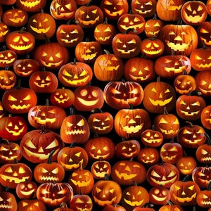 May include: A close-up image of a collection of orange jack-o'-lanterns with carved faces. The pumpkins are lit from within, creating a warm glow.