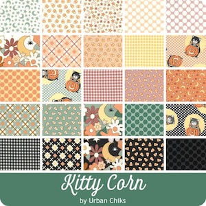 May include: A fabric panel featuring a variety of Halloween-themed patterns. Designs include candy corn, moons, stars, polka dots, gingham, and floral motifs. The color palette is a mix of orange, green, black, and cream. The text "Kitty Corn" is displayed at the bottom.