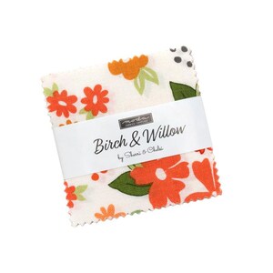 May include: A stack of square fabric swatches with pinked edges, featuring a cream background with orange floral patterns and green leaves. A white paper band wraps around the center, printed with the text Moda Fabrics Supplies Birch & Willow by Sherri & Chelsi.