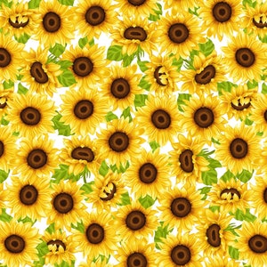 May include: A seamless pattern featuring yellow sunflowers with brown centers against a white background. The sunflowers are arranged in a repeating pattern, creating a cheerful and vibrant design.
