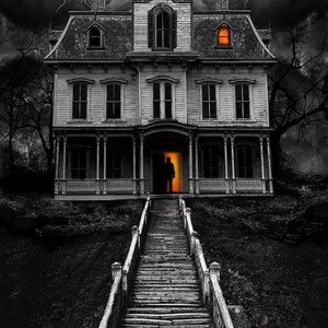 May include: A large, white, Victorian-style house with a porch and a set of stairs leading up to the front door. The house is surrounded by trees and bushes, and there is a dark, stormy sky in the background. A single figure stands in the doorway, illuminated by a warm light.