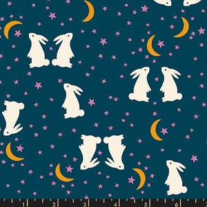 May include: Dark teal fabric with a repeating pattern of white rabbits, pink stars, and yellow crescent moons. The bunnies are in various poses, creating a whimsical and celestial design. This fabric is suitable for quilting and sewing projects.