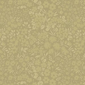 May include: A seamless pattern featuring a dense arrangement of stylized flowers and foliage in shades of olive green and cream. The floral design includes various flower shapes and leaf patterns, creating a textured, all-over print suitable for fabric or wallpaper.