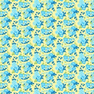 May include: A seamless pattern featuring blue and green floral designs on a pale yellow background.