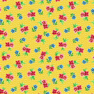 May include: A yellow fabric with a repeating pattern of pink and blue flowers. The flowers are arranged in a diagonal pattern and are surrounded by a white lattice.