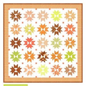 May include: A quilt pattern called "Harvest Stars" by Fig Tree & Co. by Joanna Figueroa. The pattern features a white background with a grid of 25 colorful star blocks. The pattern is layer cake friendly.