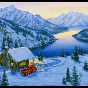 Wonderland Holiday Red Truck Panel 8912Black from Elizabeth's Studio by the panel