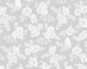 May include: A seamless pattern featuring white pine cones and branches on a light gray background. The design is perfect for creating a festive and wintery feel.