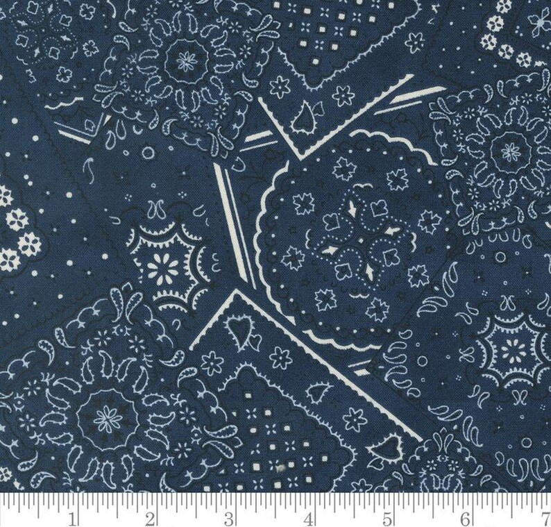 May include: Blue and white bandana print fabric with a patchwork design. The fabric features a variety of different bandana patterns, including paisley, stars, and diamonds.