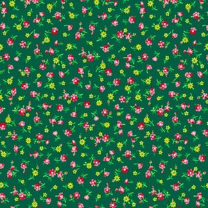 May include: A fabric with a repeating floral pattern. The design features small red and pink flowers with yellow accents and green stems and leaves, set against a dark green background. The pattern is dense and covers the entire surface.