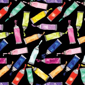 May include: A seamless pattern of colorful paint tubes on a black background. The tubes are arranged in a random pattern and are all squeezed out, with paint dripping from the ends.