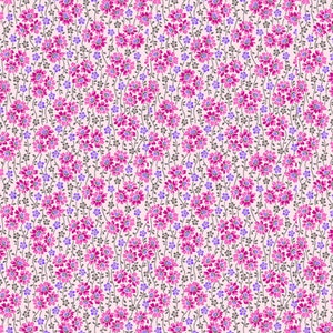May include: A seamless pattern featuring a repeating design of small pink and purple flowers with gray stems on a white background.
