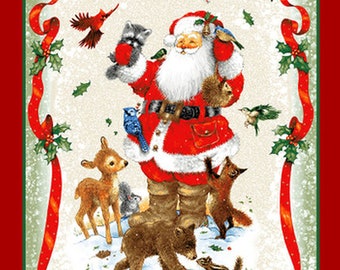 May include: A festive Christmas illustration featuring Santa Claus surrounded by woodland animals, including a deer, raccoon, squirrel, and bear. Santa is holding a bird in his hand and is surrounded by a red ribbon and holly.