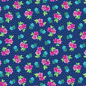 May include: A seamless pattern featuring pink and blue flowers on a dark blue background. The flowers are arranged in a repeating pattern, with a small, light blue flower in between each larger flower.