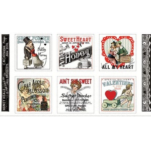 May include: A vintage-style collage of six advertisements featuring various products, including a heart-shaped box of chocolates, a perfume bottle, and a sachet powder. The advertisements are all in a romantic style, with illustrations of couples and hearts.