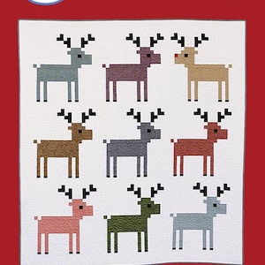 May include: A quilt pattern featuring nine pixelated reindeer in various colors, including gray, brown, red, green, and pink. The pattern is titled "Dear Deer" and is described as a beginner quilt pattern. The text "Full Color Pattern!" is also included.