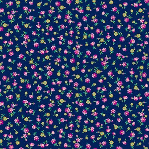 May include: A seamless pattern of small pink and yellow flowers on a dark blue background. The flowers are arranged in a random pattern and are surrounded by small green leaves.