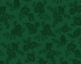 May include: A seamless pattern featuring dark green pine branches and pine cones on a deep green background.