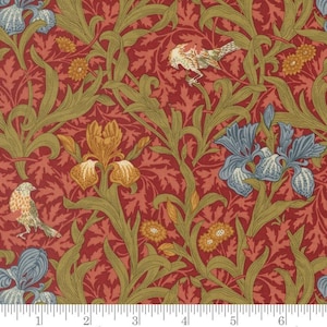 May include: A fabric with a repeating pattern of stylized birds, irises, and foliage. The design features birds in shades of tan and white, irises in yellow and blue, and green leaves against a red background. The fabric is likely cotton or a similar material.
