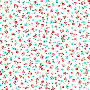 May include: A seamless pattern featuring tiny pink and blue flowers on a white background. The flowers are scattered randomly and create a delicate and feminine design.