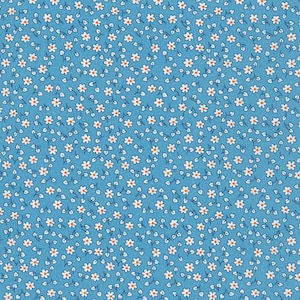 May include: A blue fabric with a white and orange floral pattern. The pattern is a repeating design of small white flowers with orange centers.