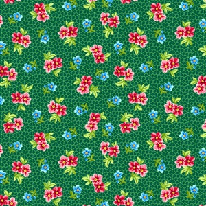 May include: A seamless pattern featuring pink and blue flowers on a green background. The flowers are arranged in a repeating pattern, creating a floral design.