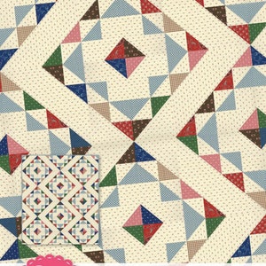 May include: A quilt pattern called "Squared Away" with a patchwork design featuring red, blue, green, and brown squares and triangles. The pattern is available in lap and queen sizes. It's Sew Emma is the designer.