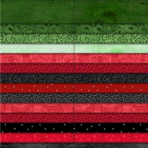 May include: A set of 40 fabric scraps in various shades of red, green, and black. The fabric scraps feature different patterns, including polka dots, floral designs, and paisley. The fabric scraps are arranged in a stack, with the top scrap showing a green floral pattern. The fabric scraps are labeled "One In A Melon 40 Karat Gems Wilmington Prints www.wilmingtonprints.com".