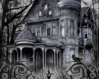 Wicked Haunted House PANEL-C8639 BLACK from Timeless Treasures by the panel