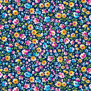 May include: A dense floral pattern featuring small flowers in shades of pink, yellow, blue, and white against a dark navy blue background. The flowers have green stems and leaves, creating a vibrant and colorful design.