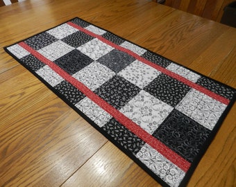 Black white red table runner, geometric table runner, black and white runner, black and white dresser scarf, sofa table runner, Item #517