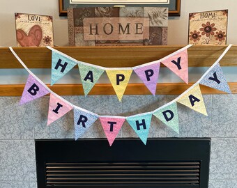 Happy birthday banner, fabric happy birthday banner, happy birthday garland, birthday bunting, reusable birthday bunting, Item #666