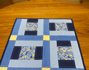 Blue and Yellow Square Table Topper, Wall Hanging, Wall Quilt, Spring Table Topper, Summer Table Topper, Doll Quilt, Doll Blanket  Item #135