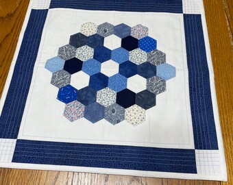 blue table topper, blue hexie table topper, large blue candle mat, small blue table quilt, small table quilt, blue mini quilt, Item #853