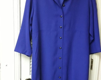 Royal Blue Navy Button Down Collar Shift Dress CHAUS 14 Plus Vintage