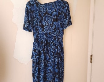 Vintage Blue Black Floral Milanzo ruched dress Sz 9 10