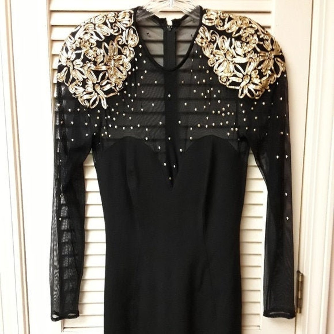 tadashi black and gold dress Tadashi Shoji Black Gold Embroidered Dress Vintage
