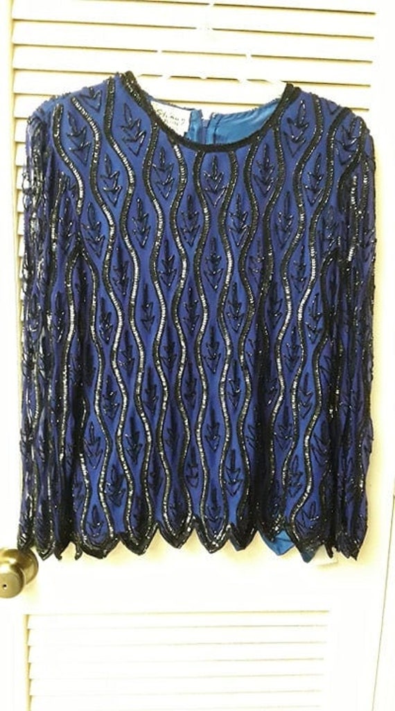 Vintage Stenay Sequin Royal Blue Black Blouse Top 