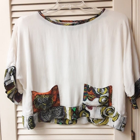 Vintage White Abstract Crop Top Boho Platinum M L… - image 4