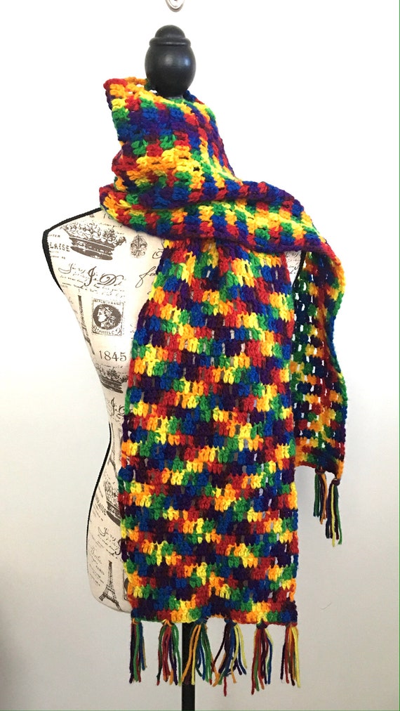 Vtg 80s multi color winter hand knitted scarf / Fr