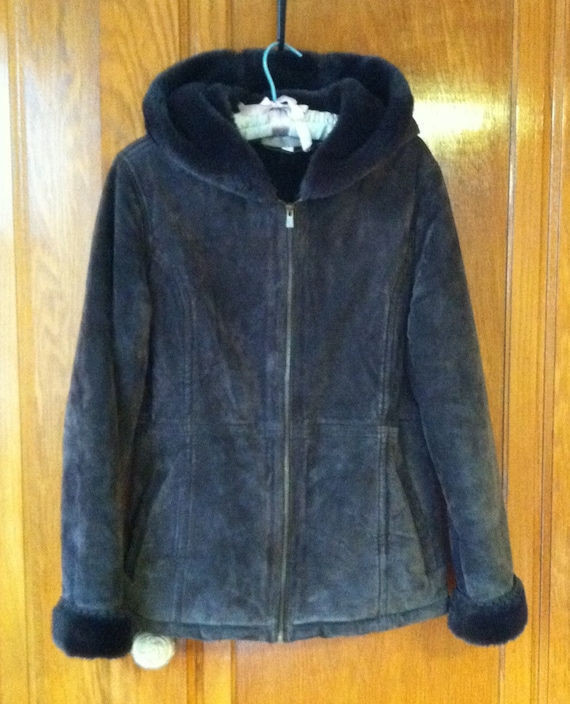 Vtg Free shipping Fur lined leather hooded jacket