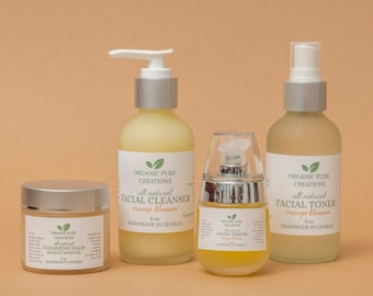 Set de cuidado de la piel con aroma a flor de naranja e incienso: limpiador facial vegano, tónico y sérum.