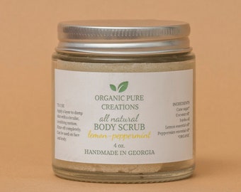 Organic Body Sugar Scrub, Natural Face Hand Exfoliating Exfoliator, Glowing Radiant Smooth Soft Skin, Essential Oil Vanilla Lemon Peppermint
