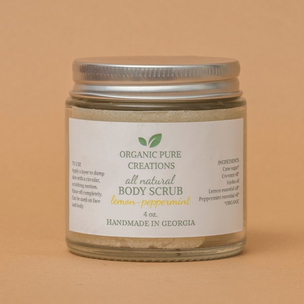 Organic Body Sugar Scrub, Natural Face Hand Exfoliating Exfoliator, Glowing Radiant Smooth Soft Skin, Essential Oil Vanilla Lemon Peppermint
