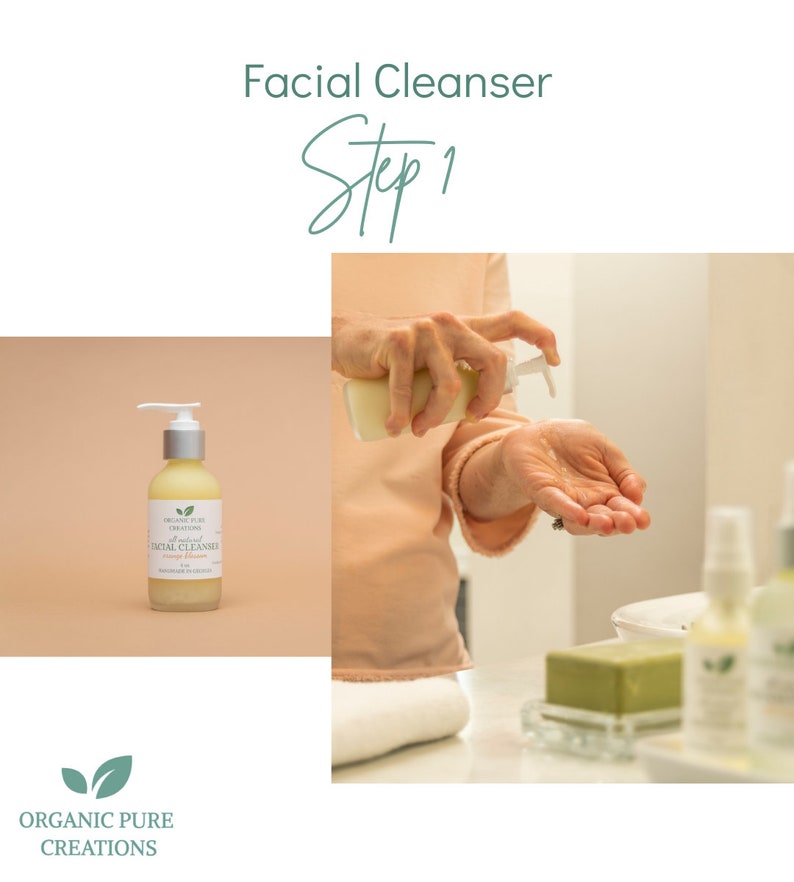 May include: A person's hand is shown pouring a clear liquid from a bottle labeled "Organic Pure Creations All Natural Facial Cleanser Orange Blossom" into their other hand. The bottle is on a light brown surface. The text "Facial Cleanser Step 1" is at the top of the image.