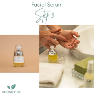May include: A clear glass bottle with a silver pump dispenser filled with a yellow liquid. The bottle is labeled "Facial Serum". The image shows a person applying the serum to their hand. The text "Step 3" is written in cursive above the image.