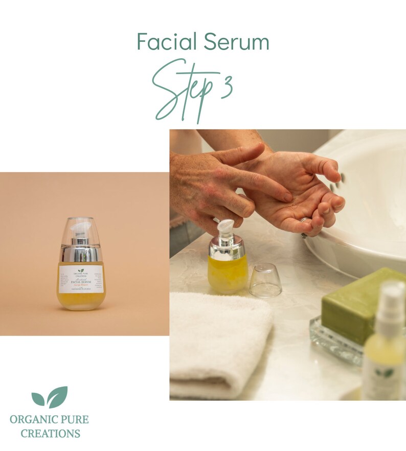 May include: A clear glass bottle with a silver pump dispenser filled with a yellow liquid. The bottle is labeled "Facial Serum". The image shows a person applying the serum to their hand. The text "Step 3" is written in cursive above the image.
