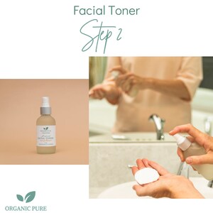 May include: A clear glass bottle with a spray nozzle containing Organic Pure Creations all-natural facial toner with orange blossom. The bottle is sitting on a light brown surface. The image also shows a person applying toner to their face with a cotton pad.